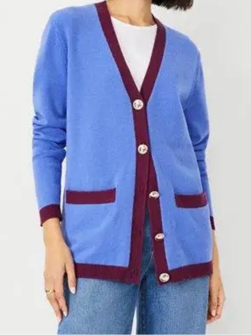 Ann Taylor Cardigan Sweater Size Medium Periwinkle V-Neck Gold Tone Buttons